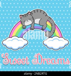 Vector baby card with sweet dreams. Cute cat sleeps on a rainbow. Stock Vector