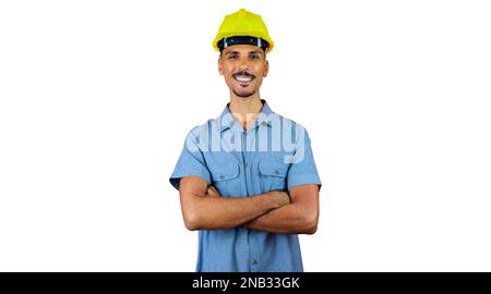 Black Man in Safety Helmet and Blue Shirt isolated on orange. Stock Photo