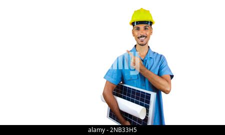 Engineer Holding Photovoltaic Solar Panel. Stock Photo
