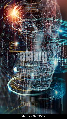Cyborg and net for biometrics concept. Big data and machine learning modern design.Technology and artificial intelligence background concept. Stock Photo