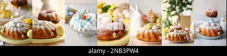 Collage of tasty Easter cakes and painted eggs on table Stock Photo