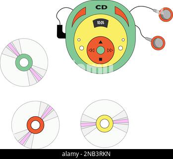 Illustration of CD player, headphones and CD discs with music.  Stock Vector