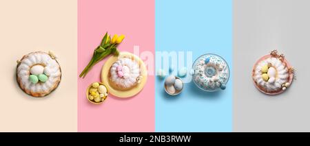 Collage of tasty Easter cakes and painted eggs on color background Stock Photo