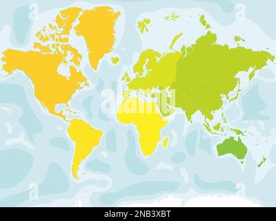 Blank map of World continents - North America, South America, Africa, Europe, Asia and Australia. Mercator projection. High detailed vector political map of countries and dependent territories with bathymetry. Stock Vector