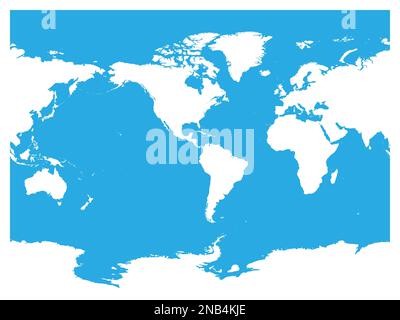 Australia and Pacific Ocean centered world map. High detail white silhouette on blue background. Vector illustration. Stock Vector
