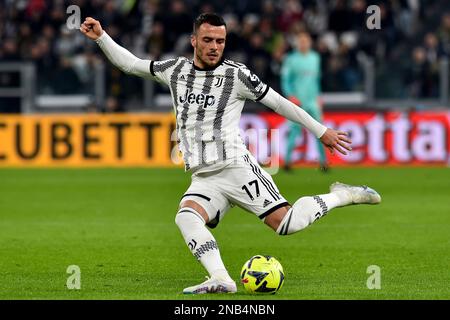 Filip Kostic of Juventus FC in action during the Serie A football match between Juventus FC and ACF Fiorentina at Juventus stadium in Torino (Italy), Stock Photo