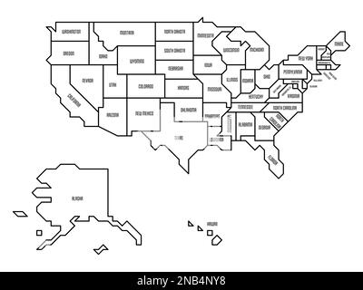 Black outline simplified map of USA, United States of America. Retro style. Geometrical shapes of states with sharp borders. Simple flat blank vector map Stock Vector