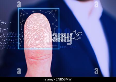 Man using biometric fingerprint scanner, closeup view Stock Photo
