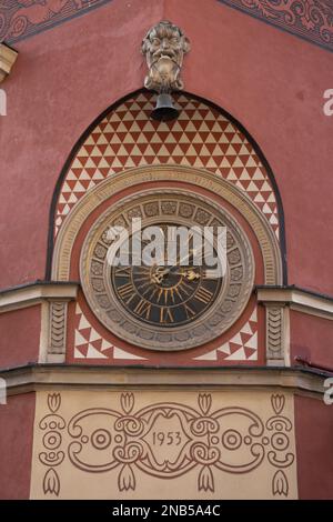 Simonetti House Clock on the corner of the Simonetti House on the Kollataj Side of the Old Town Market Square in Warsaw, Poland. Stock Photo