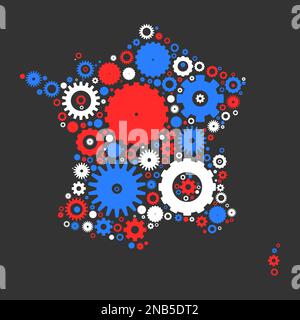 France map silhouette mosaic of cogs and gears. Illustration in national colors on dark grey background. Stock Vector