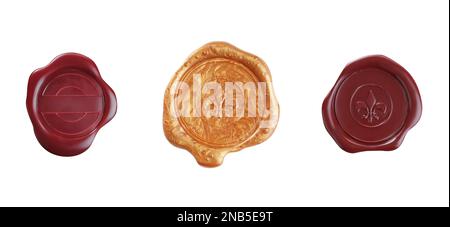 Set with different wax seals on white background, top view. Banner design Stock Photo