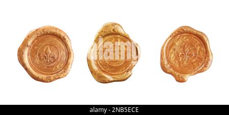 Set with golden wax seals on white background, top view. Banner design Stock Photo