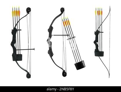 Set with bows and arrows on white background Stock Photo