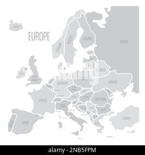 Simplified map of Europe. Rounded shapes of states with smoothed border. Grey simple flat vector map with country name labels. Stock Vector