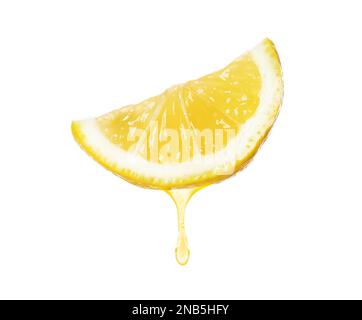 Lemon juice dripping from fruit on white background Stock Photo