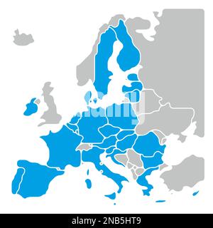 Simplified map of EU, European Union. Rounded shapes of states with smoothed border. Blue simple flat blank vector map. Stock Vector