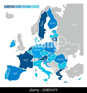 Simplified map of EU, European Union. Rounded shapes of states with smoothed border. Blue simple flat vector map. Stock Vector