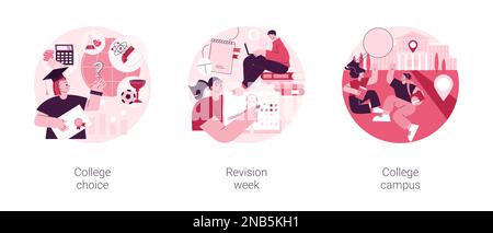Career choice abstract concept vector illustration set. College choice, revision week, campus tour, career assessment test, timetables and planning, higher degree education abstract metaphor. Stock Vector