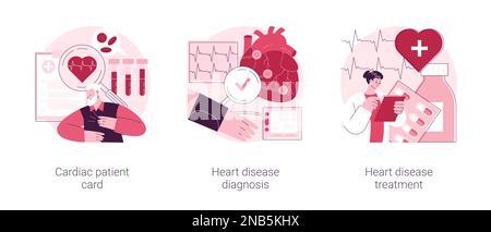 Heart attack abstract concept vector illustration set. Cardiac patient card, heart disease diagnosis and treatment, blood test, hospital care, heartbeat rate and chest pain abstract metaphor. Stock Vector