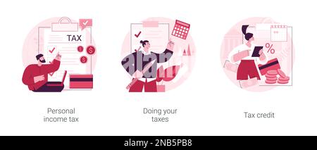 Years tax bill abstract concept vector illustration set. Personal income taxation and tax credit, online IRS form, bank account, budget planning calculator, bill payment abstract metaphor. Stock Vector