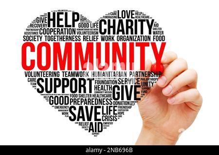Hand writing Community word cloud in a heart shape. Concept about charity, humanitarian relief aid work, or empathy. Stock Photo