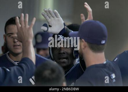 San Diego Padres players congratulate one another after the Padres defeated  the Arizona Diamondbacks 7-0 in a baseball game Saturday, April 3, 2021, in  San Diego. (AP Photo/Denis Poroy Stock Photo - Alamy