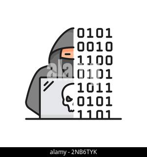 Professional hacker using laptop and planning attack, binary file coding system vector thin line icon. Coding, data encryption, programming languages Stock Vector