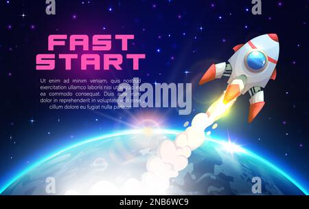 Rocket launch, fast business start up theme. Spaceship on earth orbit. Vector spacecraft engine takeoff, cartoon shuttle with trail starting from planet to dark starry sky. Project success booster Stock Vector
