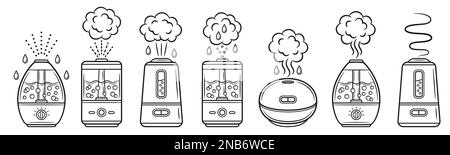 Humidifier air, home purifier cleaner device with steam line icon set. House room humidity control. Water vapor moisturize. Electric appliance vector Stock Vector