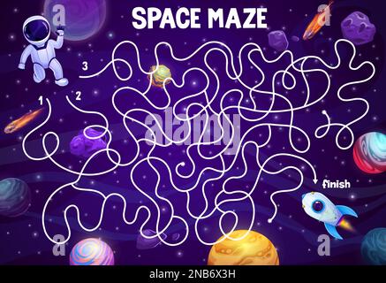 Space labyrinth maze help to astronaut find a rocket spaceship between galaxy planets. Kids vector board game with tangled path, start and finish on cosmic landscape. Cartoon educational riddle, test Stock Vector