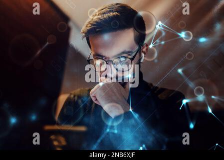 Big data management, digital technology, software development concept. Computer programmer, software engineer programming on laptop, data processing Stock Photo