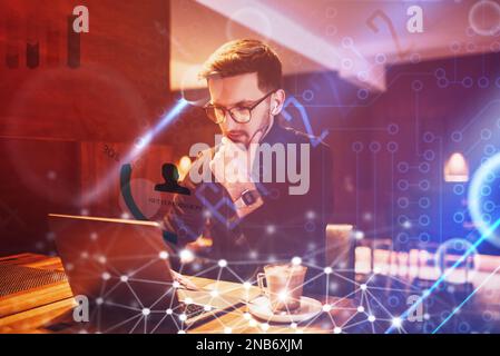 Big data management, digital technology, software development concept. Computer programmer, software engineer programming on laptop, data processing Stock Photo