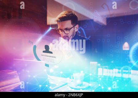Big data management, digital technology, software development concept. Computer programmer, software engineer programming on laptop, data processing Stock Photo