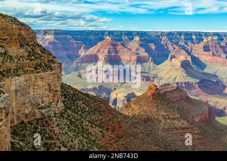 Grand Canyon National Park in Arizona, USA. Panoramic showing the Grand Canyon. Aerial view of the Grand Canyon, Arizona. Grand Canyon Arizona sunset landscape clouds. Stock Photo
