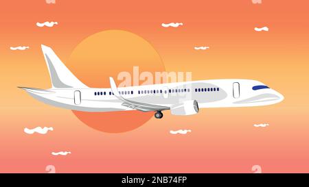 A white plane flying in the sky against a background of sunset and clouds. Stock Vector