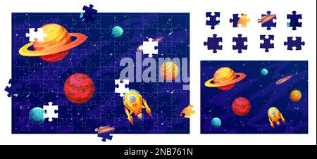 Jigsaw puzzle space game pieces. Spaceship, galaxy planets and stars. Vector logic worksheet find missing detail of picture. Quiz page for kids, brain teaser task for developing attentiveness and mind Stock Vector