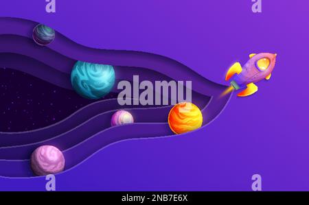 Space paper cut rocket spaceship in starry galaxy. Cartoon vector spaceship flying with Universe, planets and stars inside of 3d wavy layered frame. Shuttle travel in cosmic world papercut art Stock Vector