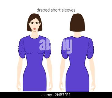 Draped sleeves short length clothes character beautiful lady in blue top, shirt, dress technical fashion illustration, fitted. Flat apparel template front, back sides. Women, men unisex CAD mockup Stock Vector