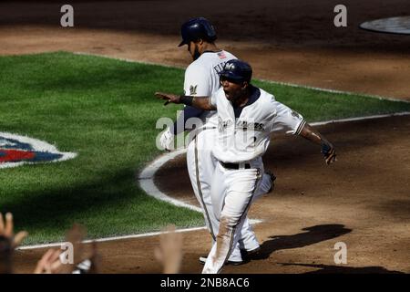 Milwaukee, WI, USA. 16th Apr, 2021. Milwaukee Brewers right fielder Tyrone  Taylor #42 looks toward the Brewers bench after hitting a run scoring  double in the 5th inning of the Major League