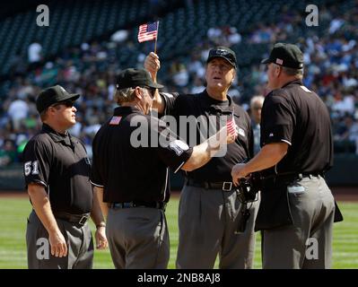 St. Louis, United States. 04th Aug, 2021. Major League Umpires (L to R)  Todd Tichenor, Dan Merzel, John Tumpane and Marvin Hudson pose for a  photograph before the start of the Atlanta