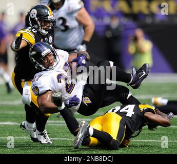 Pittsburgh Steelers cornerback Ike Taylor (24), left, and Pittsburgh  Steelers free safety Ryan Clark (25), right, check on Pittsburgh Steelers  strong safety Troy Polamalu (43) after he was dazed on a tackle