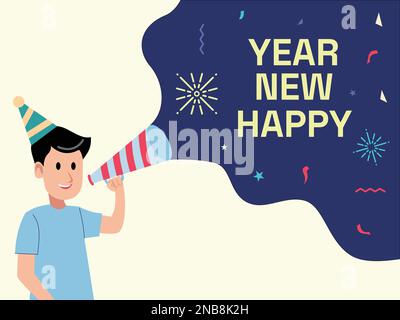 Flat Illustration of a Man holding a trumpet, Happy New Year Vector Illustration Background. Stock Vector