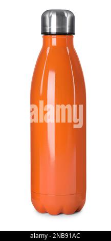 Modern orange thermos bottle isolated on white Stock Photo