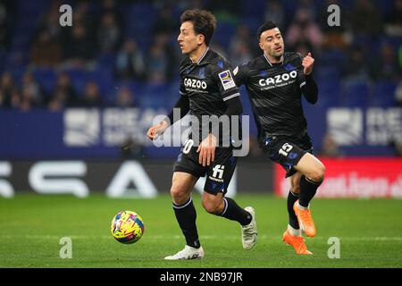 Barcelona, Spain. February 13 2023, Barcelona, Spain. 13/02/2023, Mikel Oyarzabal and Diego Rico of Real Sociedad during the La Liga match between RCD Espanyol  and  Real Sociedad played at RCDE Stadium on February 13 in Barcelona, Spain. (Photo by  / Bagu Blanco / PRESSIN) Stock Photo