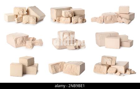Set with compressed yeast on white background. Banner design Stock Photo
