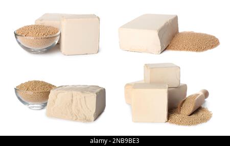 Set with compressed and dry yeast on white background. Banner design Stock Photo