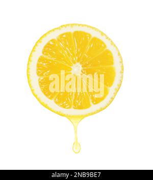 Lemon juice dripping from fruit on white background Stock Photo