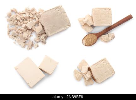 Set with compressed and dry yeast on white background, top view Stock Photo