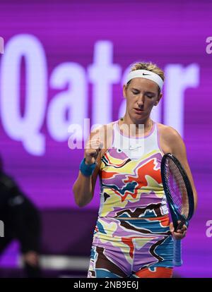 Doha, Qatar. 13th Feb, 2023. Victoria Azarenka of Belarus reacts during the singles round of 32 match against Ipek Oz of Turkey at WTA500 Qatar Open 2023 in Doha, Qatar, Feb. 13, 2023. Credit: Nikku/Xinhua/Alamy Live News Stock Photo