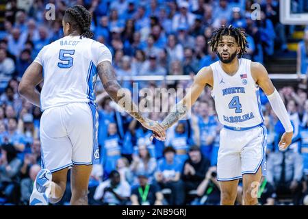 February 13, 2023: North Carolina Tar Heels forward Armando Bacot (5) and guard R.J. Davis (4) celebrate as the get back on defense during the first half of the ACC basketball matchup at Dean Smith Center in Chapel Hill, NC. (Scott Kinser/CSM) Stock Photo